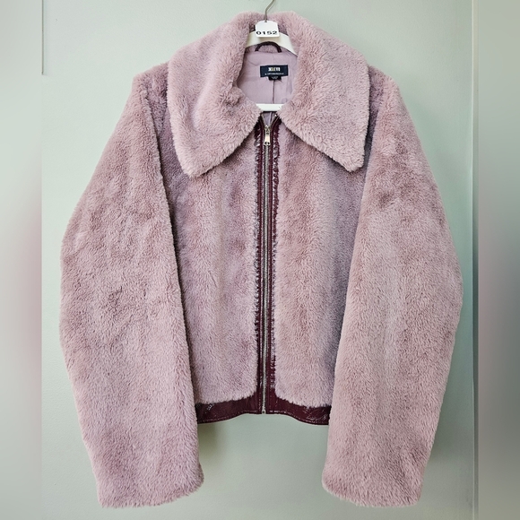 Maeve x Anthropologie Faux Fur Jacket Patent Trim Pink Rose Mauve, Large, NWOT - Picture 6 of 15